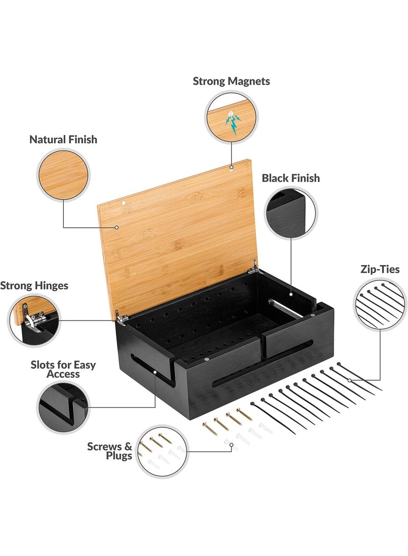 Cable Management Box with Bamboo Lid, Magnetic Cord Organiser Box, Wall Mountable Cable Storage Box for Home Office, Brown - Image 5