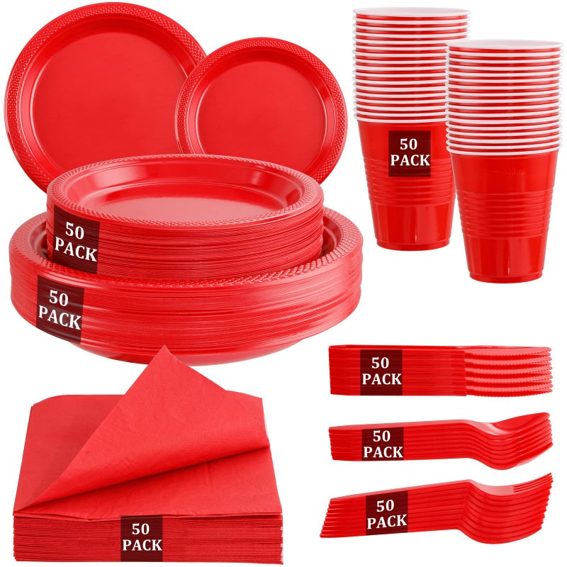 MirthMood 350PCS Red Disposable Plastic PlatesRed Dinnerware Set Includes 50 Dinner Plates 50 Salad Plates 50 Sets of Silverware 50 Napkins and 50Pcs 12OZ Plastic Cups