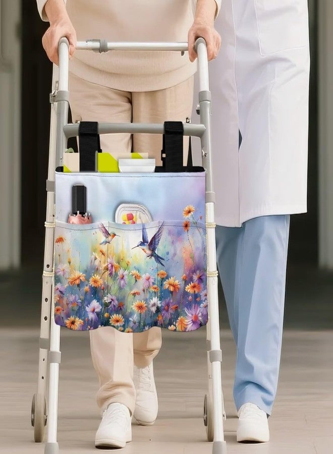 Babrukda Floral Wheelchair Bag for Adults Hummingbird Print Walker Bag with Multi Pockets Walker Accessories for Seniors, Elderly, Handicap Carry Storage Carrier Tote - Image 3