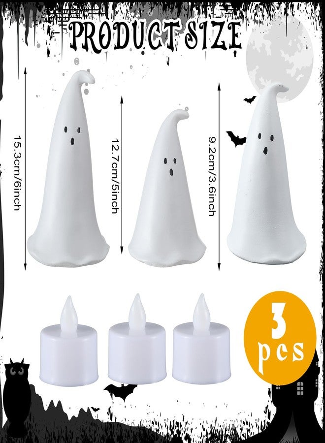 Colingmill Halloween Resin Ghost Figurine with 3 LED Tea Lights, Ghost Candle Holder Set of 3, Spooky Tabletop Indoor Halloween Light up Decor for Holiday Party, White Hollow Spooky Sculptures - Image 2