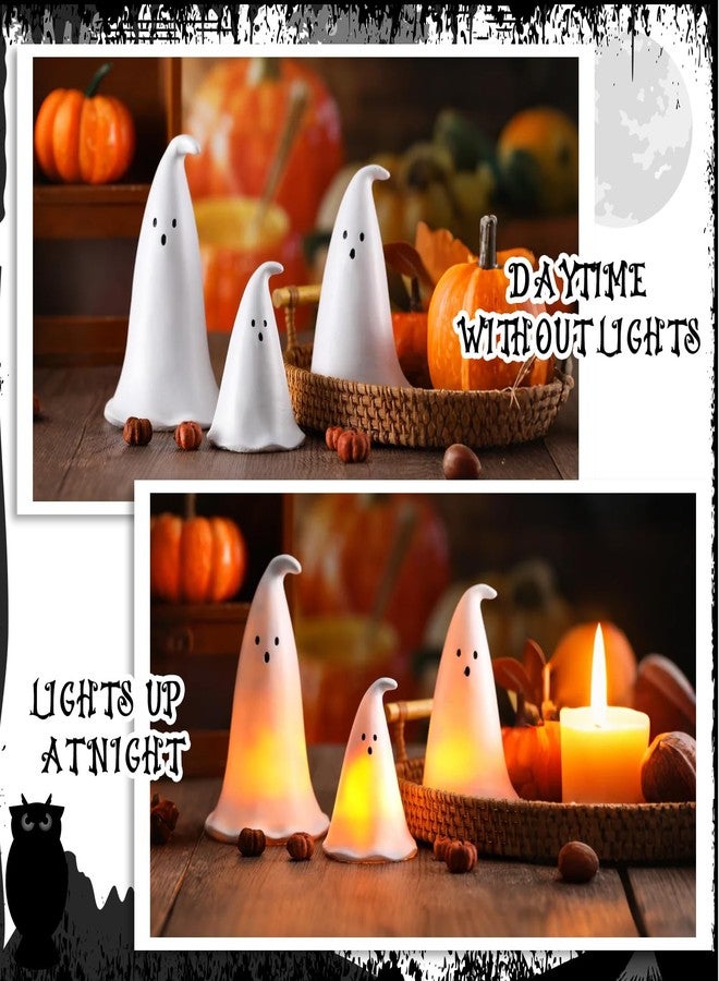 Colingmill Halloween Resin Ghost Figurine with 3 LED Tea Lights, Ghost Candle Holder Set of 3, Spooky Tabletop Indoor Halloween Light up Decor for Holiday Party, White Hollow Spooky Sculptures - Image 3