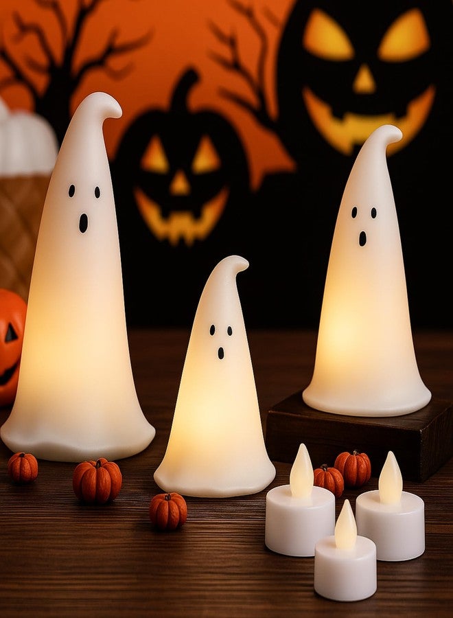 Colingmill Halloween Resin Ghost Figurine with 3 LED Tea Lights, Ghost Candle Holder Set of 3, Spooky Tabletop Indoor Halloween Light up Decor for Holiday Party, White Hollow Spooky Sculptures - Image 1