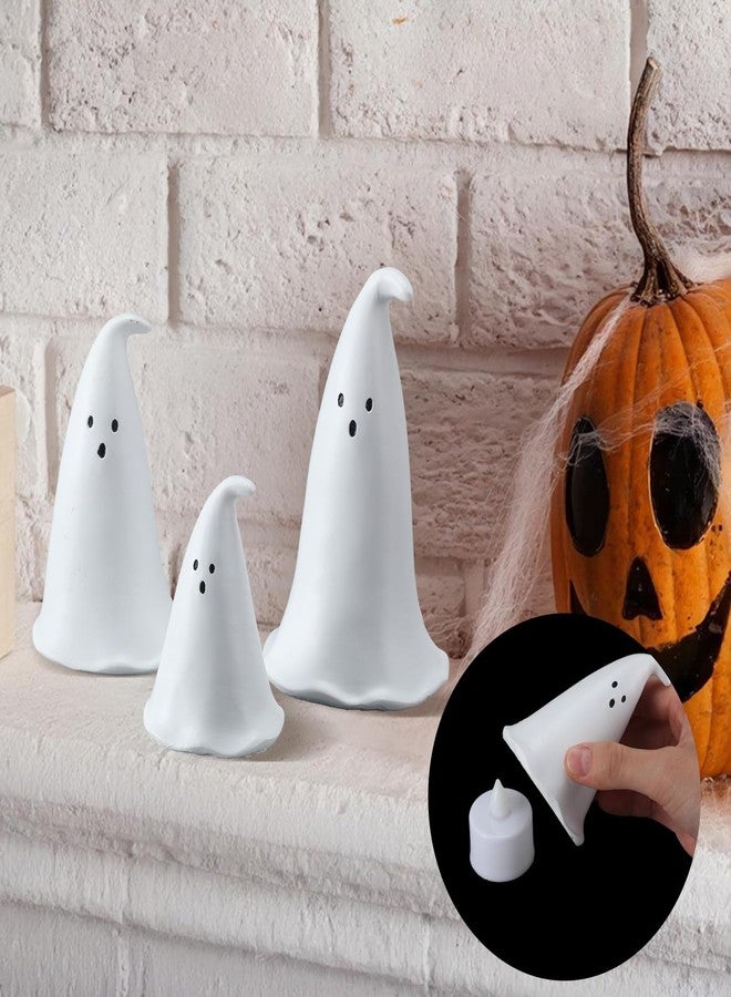Colingmill Halloween Resin Ghost Figurine with 3 LED Tea Lights, Ghost Candle Holder Set of 3, Spooky Tabletop Indoor Halloween Light up Decor for Holiday Party, White Hollow Spooky Sculptures - Image 5