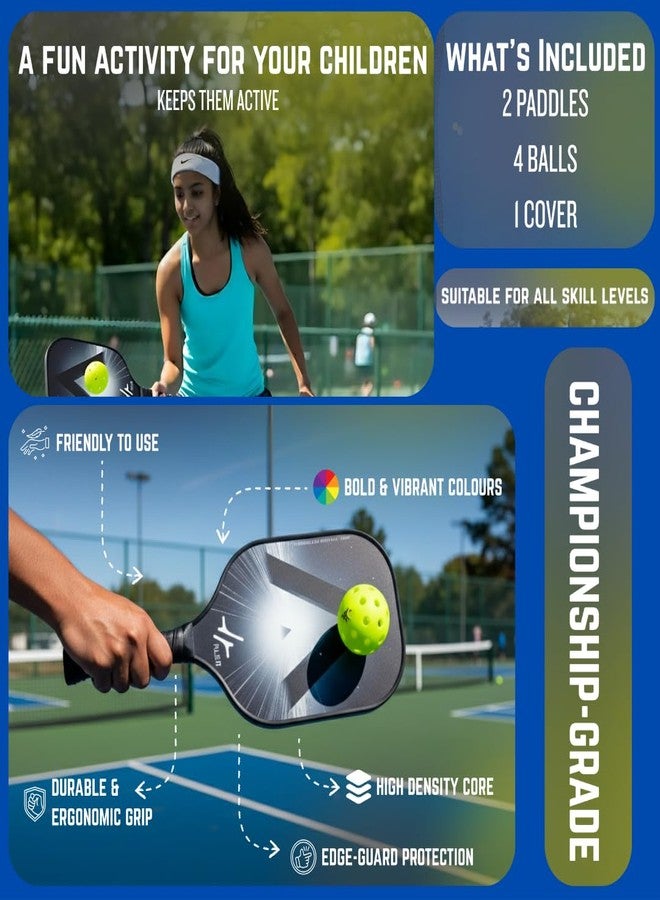 PulseITPaddleSet Pickleball Set- 2 Fiberglass 16mm Thick Paddles, 4 Balls, Carry Bag. Comfort Cushion Grip Handle, Lightweight, High-Performance, Precise Control. (Lunar Black) - Image 2