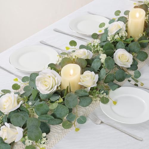 TOCHGREEN 2Pcs(13 Ft) Artificial Eucalyptus Flower Garland with White Rose Flowers,Faux Rose Vine Gypsophila Greenery for Home Party Wedding Table Decor (White, 2PCS) - Image 2