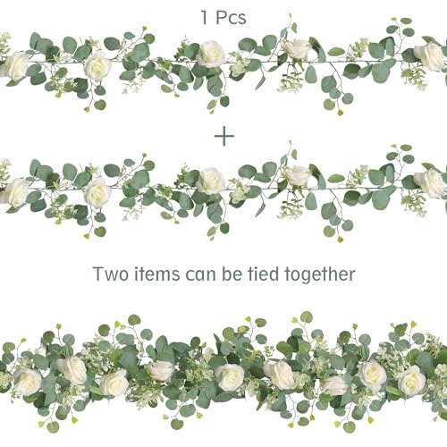 TOCHGREEN 2Pcs(13 Ft) Artificial Eucalyptus Flower Garland with White Rose Flowers,Faux Rose Vine Gypsophila Greenery for Home Party Wedding Table Decor (White, 2PCS) - Image 4
