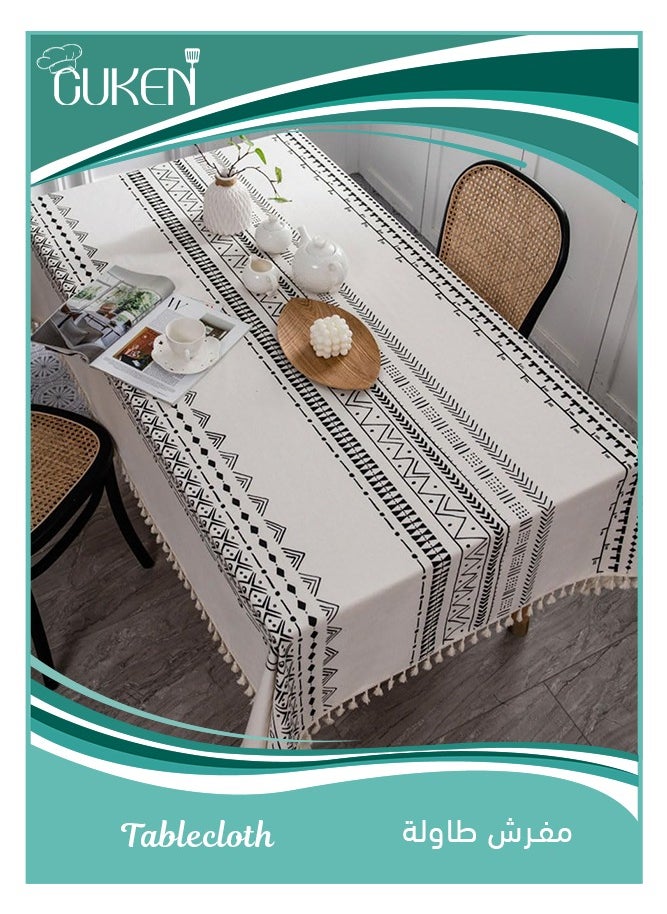 Cuken Table Cloth for Dining Table, Tassel Wrinkle Free Table Cover, Outdoor Table Cloth, Rectangle Tablecloth for Kitchen Dining Party White, 140x180cm  - Image 1