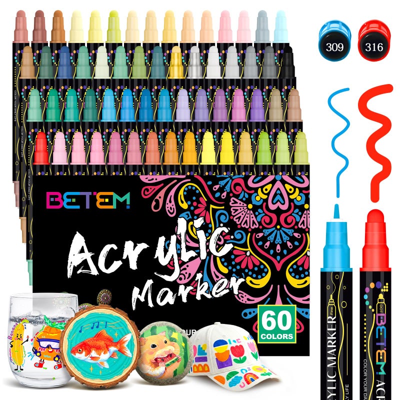 Betem 60 Colors Dual Tip Acrylic Paint Pens Markers, Fabric Decorating Kits Premium Water-Based Acrylic Paint Markers for Fabric, Rock, Wood, Glass, Eggs, Canvas, Ceramic, Easter Basket Stuffers - Image 1