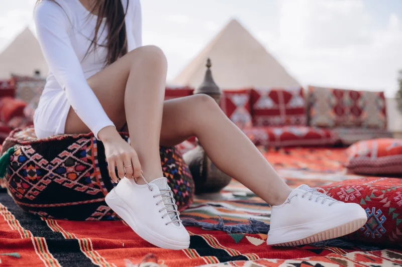 ZORIWORLD white ATHENA White Rhinestone Sneakers Lace Closure for Women - 2 Inch Platform Sole for Women | Best Price UAE