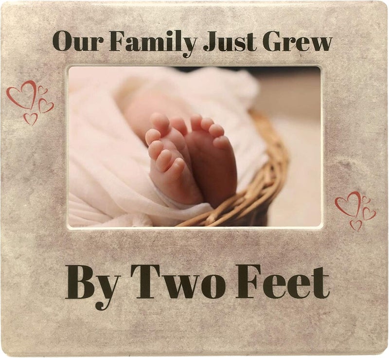 BANBERRY DESIGNS New Baby Frame  Our Family Just Grew By Two Feet  Heart Design with Tan Marble Like Background  Nursery Dcor  4 X 6 Picture Opening - Image 1