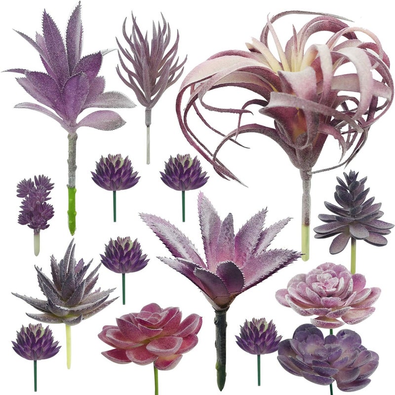 Cayway 15 PCS Artificial Succulent Plants Fake Succulent Purple Unpotted Faux Succulent Assortment in Flocked Blue in Different Type for Birthday Home Decor Indoor Wall Garden DIY