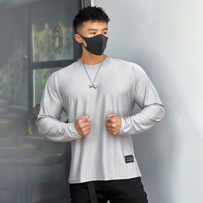Generic Lightweight Quick-drying Long-sleeved Mens Fitness Outdoor Elastic Loose Fashion Top Casual Basketball Workout Base Shirt Light gray 