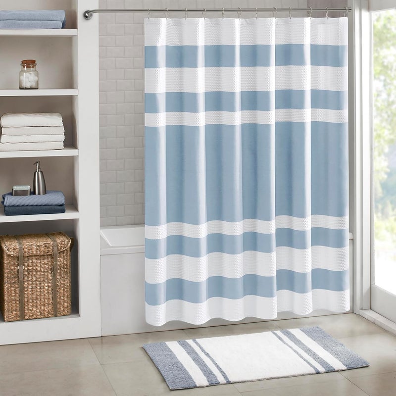 madison park Shower Curtain Waffle Weave Striped Pieced Design Fabric Shower Curtains for Bathroom with 3M Scotchgard Moisture Management Premium Spa Quality Modern Standard 72"x72" Blue - Image 1
