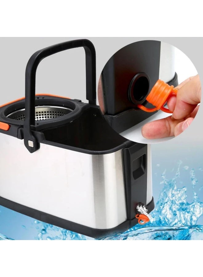 AKC دلو ممسحة دوارة مزدوجة القيادة 25 لتر من الفولاذ المقاوم للصدأ – نظام ممسحة دوارة مع عصر، ممسحة دوارة 360° للأرضيات الخشبية، البلاط، واللامينيت – أسود/فضي - Image 3