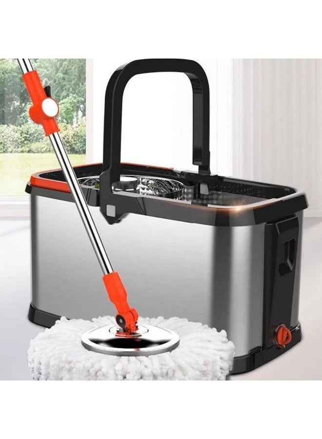 AKC دلو ممسحة دوارة مزدوجة القيادة 25 لتر من الفولاذ المقاوم للصدأ – نظام ممسحة دوارة مع عصر، ممسحة دوارة 360° للأرضيات الخشبية، البلاط، واللامينيت – أسود/فضي - Image 1
