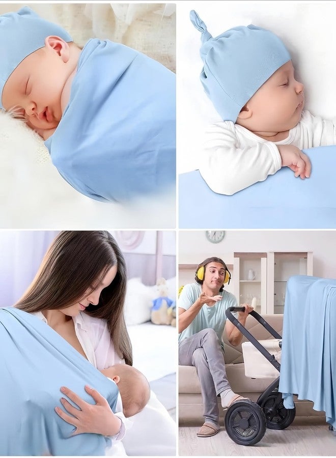 SEVDO Baby Receiving Blankets with Matching Beanie Set Newborn Nursery Swaddle Unisex Swaddle Wrap Soft Silky Neutral for Baby Girls and Boys (Blue) - Image 4