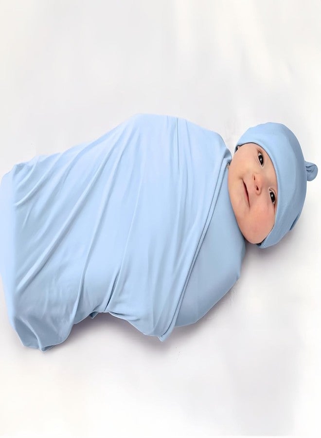SEVDO Baby Receiving Blankets with Matching Beanie Set Newborn Nursery Swaddle Unisex Swaddle Wrap Soft Silky Neutral for Baby Girls and Boys (Blue) - Image 5