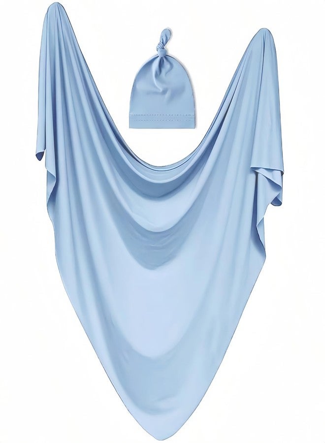 SEVDO Baby Receiving Blankets with Matching Beanie Set Newborn Nursery Swaddle Unisex Swaddle Wrap Soft Silky Neutral for Baby Girls and Boys (Blue) - Image 1