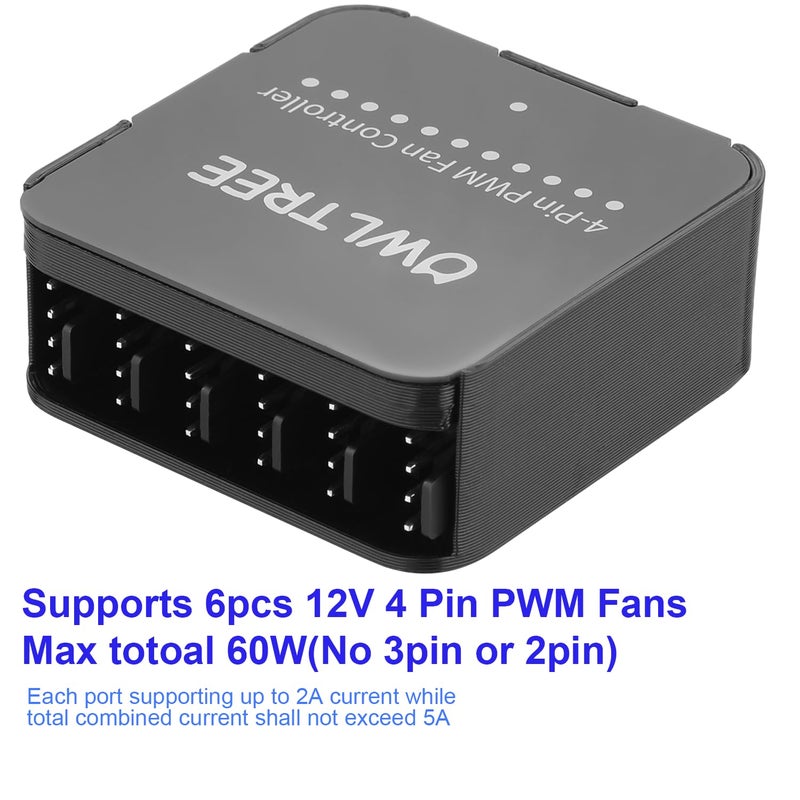 OwlTree 12V 4 Pin PWM Fan Speed Controller PC Fan Hub 6 Fans Supported, Powered by Type-C PD3.0 QC 3.0 and DC 5521 with Max Total 60W Output - Image 4