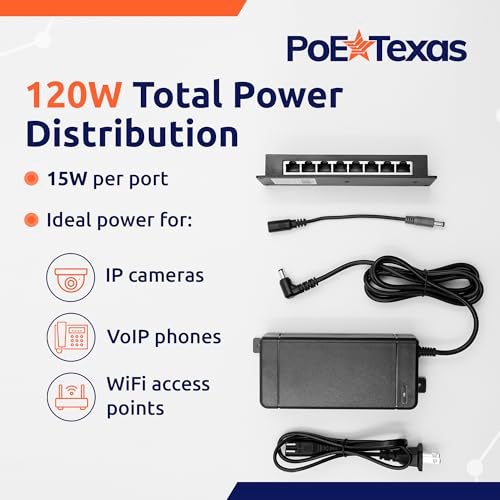 PoE Texas 8-Port Passive Midspan PoE Injector with 48V 120W Power - Network Switch Upgrade for IP Cameras, VoIP Phones, WiFi Access Points - IEEE 802.3af/at Compatible - 10/100 Mbps Fast Ethernet - Image 3