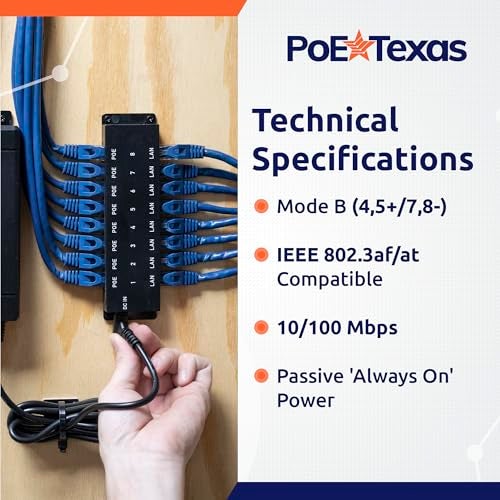 PoE Texas 8-Port Passive Midspan PoE Injector with 48V 120W Power - Network Switch Upgrade for IP Cameras, VoIP Phones, WiFi Access Points - IEEE 802.3af/at Compatible - 10/100 Mbps Fast Ethernet - Image 4