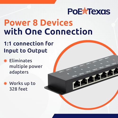PoE Texas 8-Port Passive Midspan PoE Injector with 48V 120W Power - Network Switch Upgrade for IP Cameras, VoIP Phones, WiFi Access Points - IEEE 802.3af/at Compatible - 10/100 Mbps Fast Ethernet - Image 2