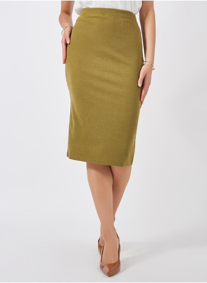Styli Ribbed Midi Skirt with Elastic Waistband  - Image 1