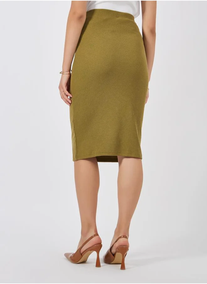 Styli Ribbed Midi Skirt with Elastic Waistband