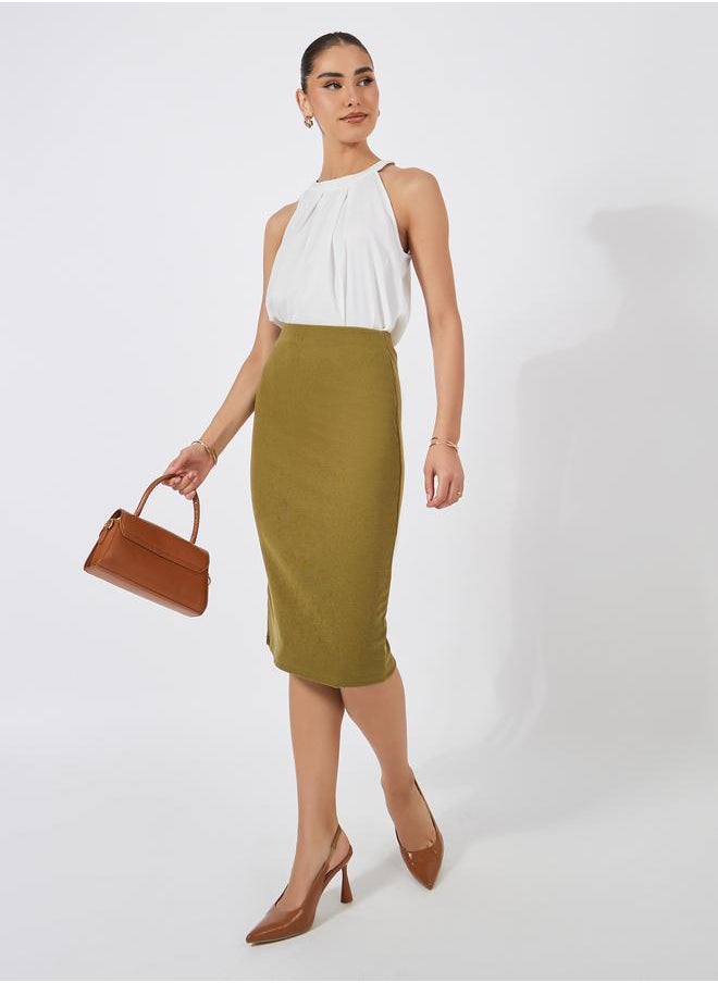 Styli Ribbed Midi Skirt with Elastic Waistband  - Image 2