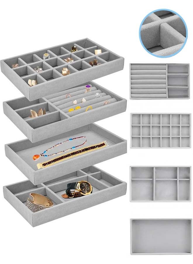 YIM-VIBEHAUS 4Pcs Stackable Jewelry Organizer Trays for Drawers Display Case Storage Container Earring Necklace Rings Bracelet with Removable Dividers Jewelry Box - Image 1