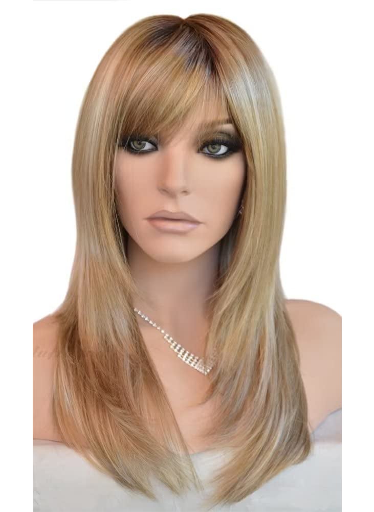 Auflaund Auflaund Long Straight Blonde Wigs Imported Synthetic Ombre Dark Root Layered High Dentistry Glazed Hair Replacement Wigs for Women with Inclined Bangs 22 Inches (T/Blonde) 