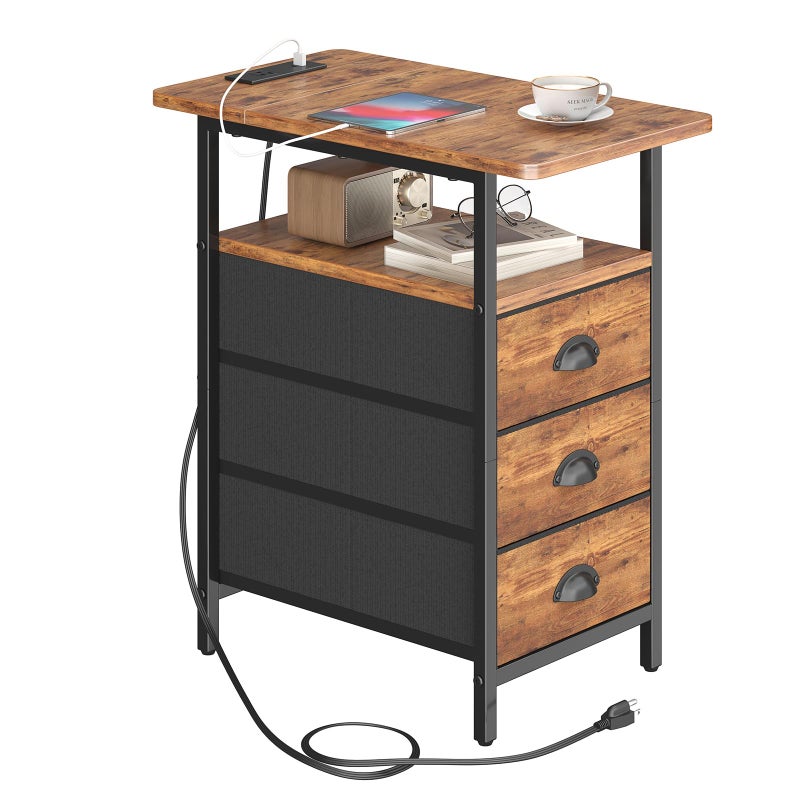 sthmec End Table with Charging Station, Side Tables Livingroom with USB Ports and Outlets,Narrow Nightstands Bedside Tables with 3 Drawers for Small Space,Slim Sofa Table Bedroom,Rustic Brown - Image 1