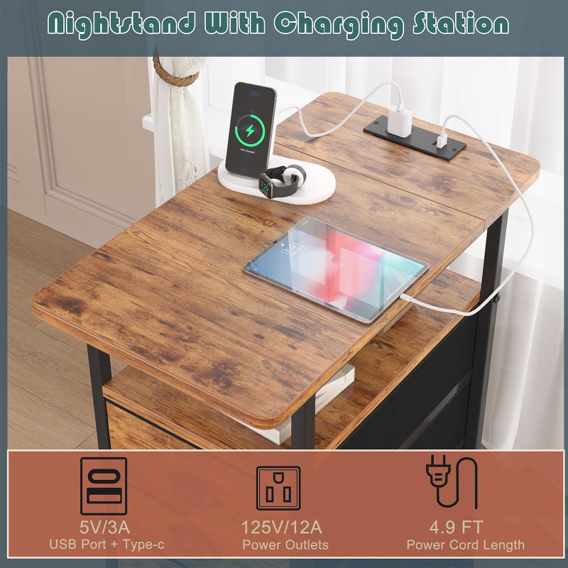 sthmec End Table with Charging Station, Side Tables Livingroom with USB Ports and Outlets,Narrow Nightstands Bedside Tables with 3 Drawers for Small Space,Slim Sofa Table Bedroom,Rustic Brown - Image 4