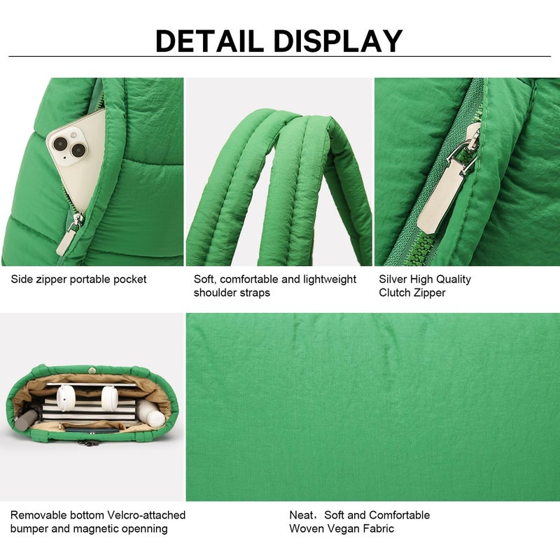 Queenoris Puffer Tote Bag for Women, Large Quilted Lightweight Satchel Purse Travel Gym Bag (Green) - Image 5