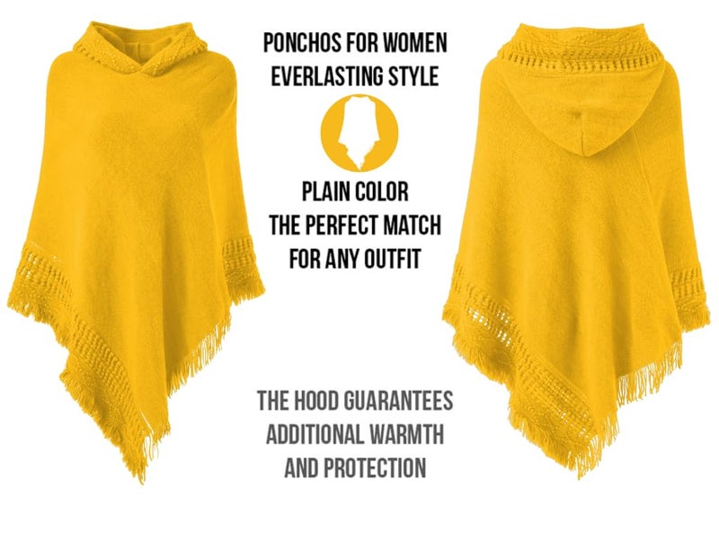 Ferand Ladies' Hooded Cape with Fringed Hem, Crochet Poncho Knitting Patterns for Women, Ginger yellow - Image 3