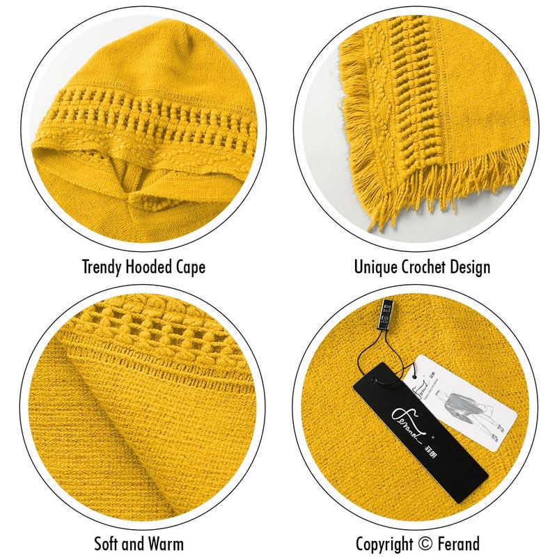 Ferand Ladies' Hooded Cape with Fringed Hem, Crochet Poncho Knitting Patterns for Women, Ginger yellow - Image 4