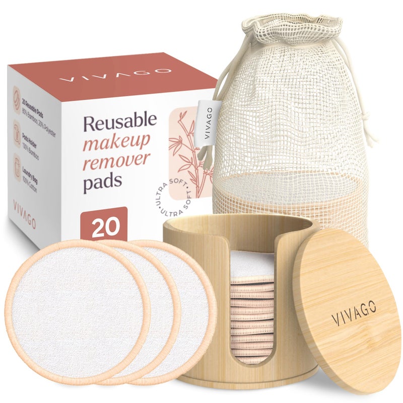 VIVAGO VIVAGO Reusable Cotton Rounds for Face 20 Pack Soft Reusable Makeup Remover Pads with Washable Drawstring Laundry Bag Bamboo Holder All Skin Type Skincare Set Facial Cleaning Cloth