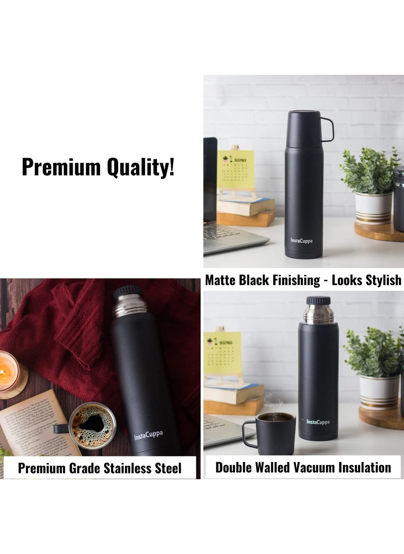 InstaCuppa - InstaCuppa Insulated Flask with Stainless Steel Mug and Twist Pour Stopper Screw Lid, Double Walled Vacuum Insulated Beverage Bottle, Premium Matte Finishing, 1000 ML, Black - Image 1