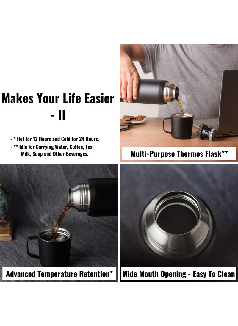 InstaCuppa - InstaCuppa Insulated Flask with Stainless Steel Mug and Twist Pour Stopper Screw Lid, Double Walled Vacuum Insulated Beverage Bottle, Premium Matte Finishing, 1000 ML, Black - Image 1