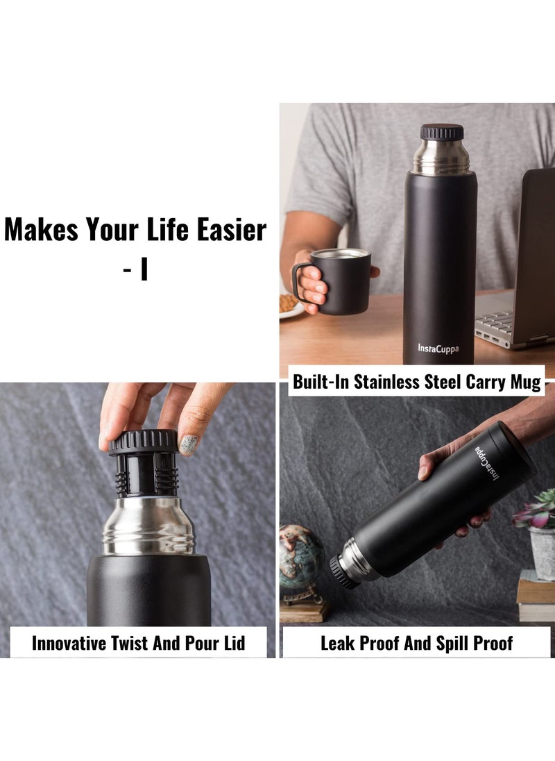 InstaCuppa - InstaCuppa Insulated Flask with Stainless Steel Mug and Twist Pour Stopper Screw Lid, Double Walled Vacuum Insulated Beverage Bottle, Premium Matte Finishing, 1000 ML, Black - Image 1