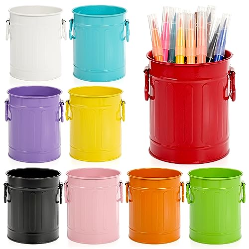 Noamus 9 Pack Metal Pen Holder, Mini Pencil Bucket with Handle, Desktop Pencil Cup Makeup Brush Organizer, Desk Colorful Small Pails, Stationary Supplies Container for Office Classroom School Crafts - Image 1
