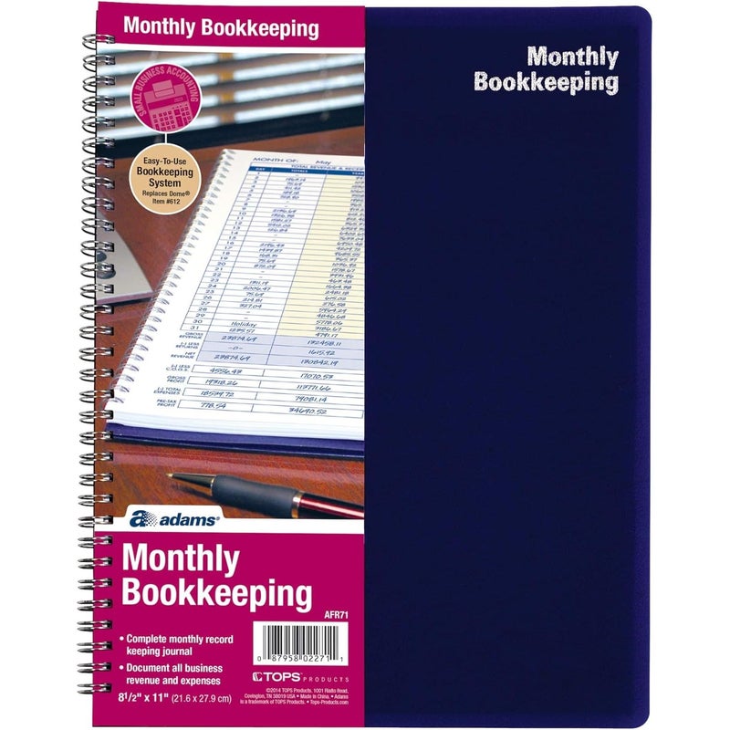 Adams Monthly Bookkeeping Record Book - 8.5" x 11" Spiral Bound 4 Column Ledger 128 Pages - Undated Accounting Ledger Book for Small Business, Payroll, Budget Tracking - Durable Poly Cover - 1 Unit - Image 1