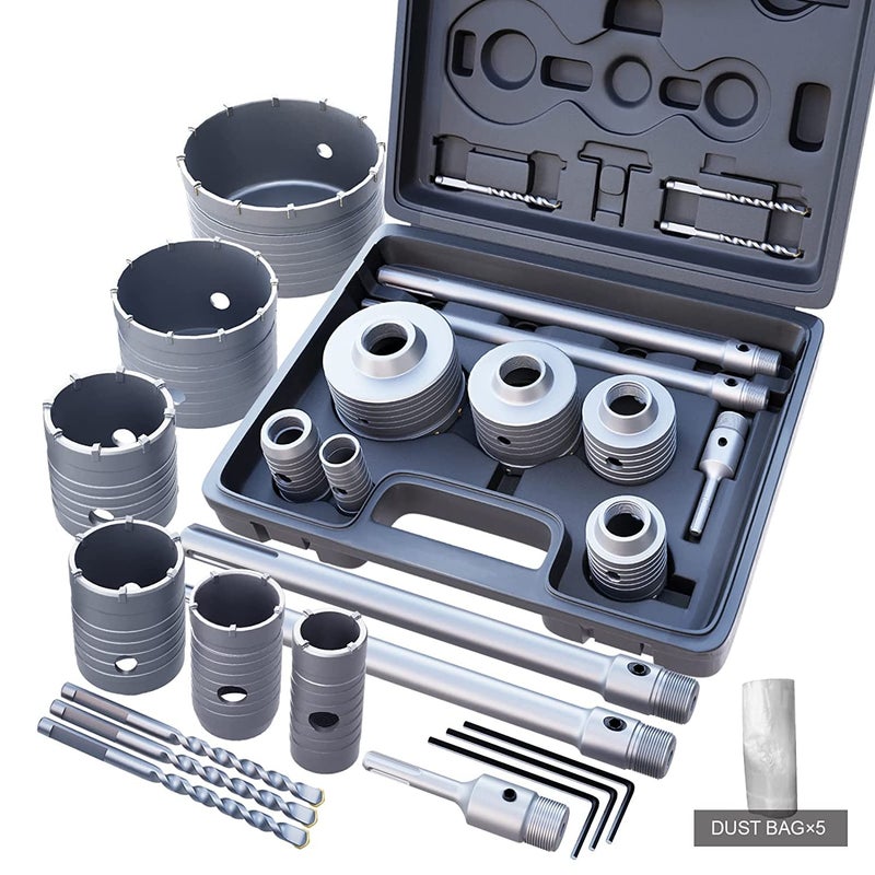GSTK 15pcs Concrete Hole Saw Set 30 40 50 65 80 100mm with SDS Plus Shank Connecting Rod 110mm and 5pcs Dust Catchers Concrete Hole Saw Kit for ConcreteCementBrickStoneWall