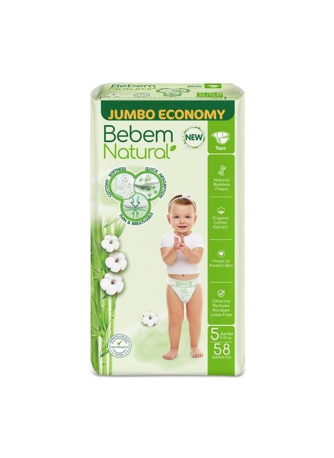Bebem - Bebem Natural Baby Tap Diapers Mega Pack Size 5 Junior 58 Pieces (11-25 Kg) - Image 1