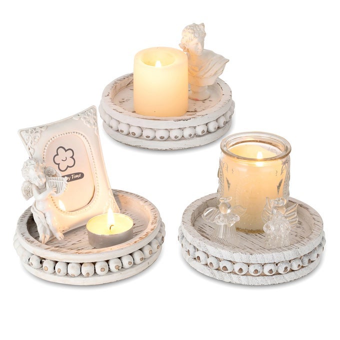 WOOD PLATE CANDLE HOLDER SMALL CANDLE PLATE SET OF 3 DECORATIVE WHITE WASHED BEADED CANDLE TRAY ROUND CANDLE STICK HOLDERS FARMHOUSE TABLE CENTERPIECE FOR FIREPLACE DINING ROOM HOME DECOR
