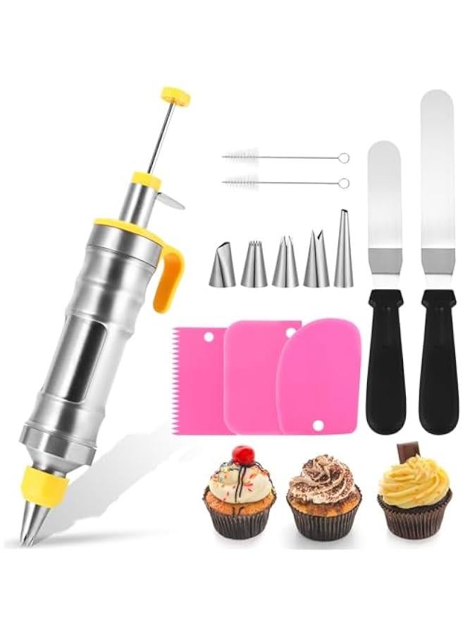 Icing Decoration Gun Set, Stainless Steel Dessert Decorating Syringe Set, Cupcake Frosting Filling Injector with 6 Icing Nozzles, 3 Cream Scraper, 2 Offset Spatula, 2 Nozzle Brush for Kitchen Baking - Image 1