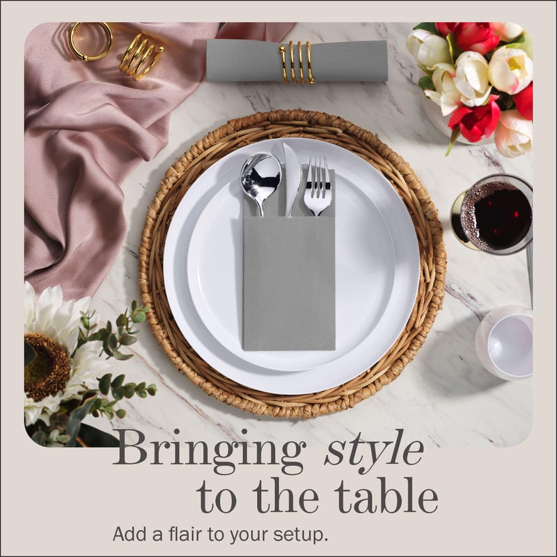 NAPEREE 100-Pack Disposable Napkins With Pocket For Flatware  Gray Napkins Paper For Wedding  Dinner Or Party  Built-In Pocket For Silverware  Prefolded - Image 2