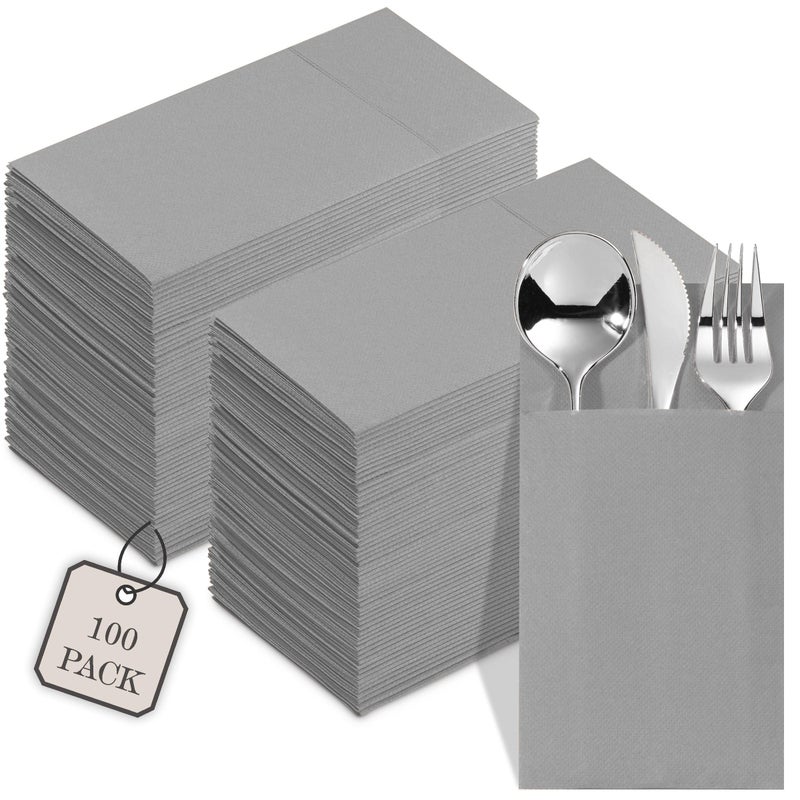 NAPEREE 100-Pack Disposable Napkins With Pocket For Flatware  Gray Napkins Paper For Wedding  Dinner Or Party  Built-In Pocket For Silverware  Prefolded - Image 1