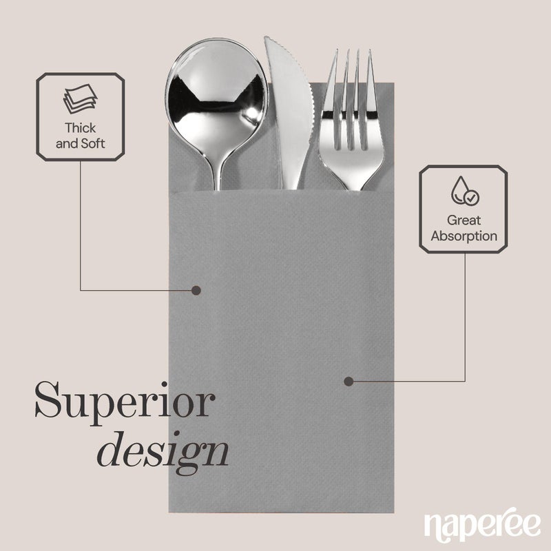 NAPEREE 100-Pack Disposable Napkins With Pocket For Flatware  Gray Napkins Paper For Wedding  Dinner Or Party  Built-In Pocket For Silverware  Prefolded - Image 3