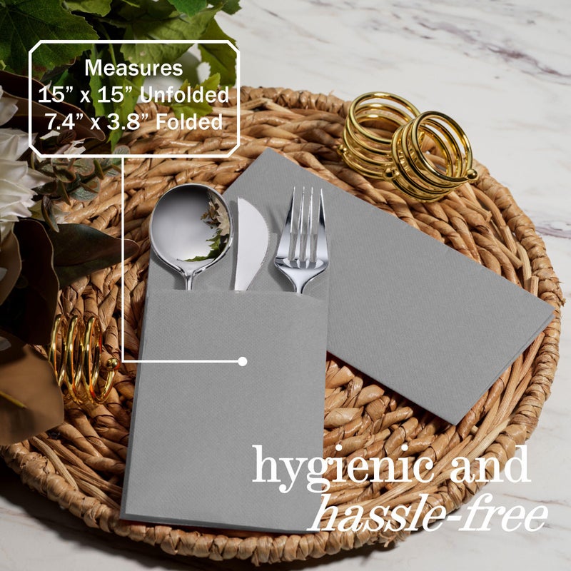 NAPEREE 100-Pack Disposable Napkins With Pocket For Flatware  Gray Napkins Paper For Wedding  Dinner Or Party  Built-In Pocket For Silverware  Prefolded - Image 4